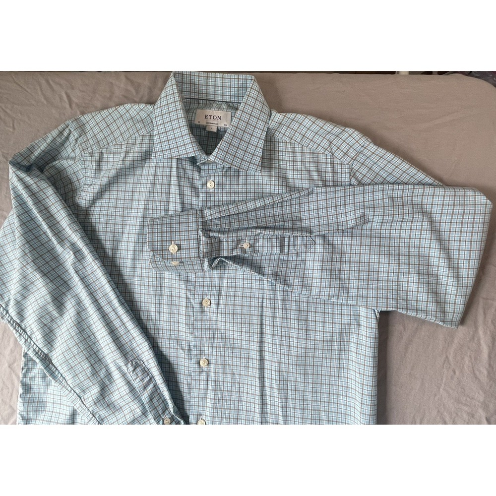 Eton Contemporary Dress Shirt Mens 42 16.5 L Blue Brown Check Button Up Cotton